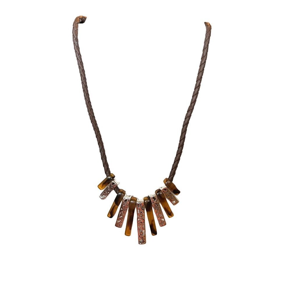 Brown Braided Necklace‎ With Amber & Silver-Toned Pendants Adjustable Length